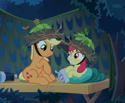 Size: 847x693 | Tagged: safe, derpibooru import, screencap, apple bloom, applejack, earth pony, pony, going to seed, adorabloom, apple sisters, cropped, cute, daaaaaaaaaaaw, duo, female, filly, hat, jackabetes, looking at each other, mare, pillow, siblings, sisters, sitting, sleeping bag, smiling