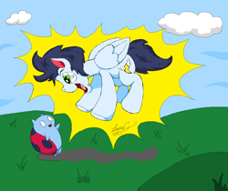 Size: 1660x1396 | Tagged: safe, artist:lucas_gaxiola, soarin', pegasus, pony, adventure time, catbug, cloud, crossover, excited, jumping, male, open mouth, signature, stallion