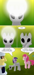 Size: 455x1010 | Tagged: safe, artist:quint-t-w, pinkie pie, twilight sparkle, earth pony, human, pony, unicorn, alien abduction, comic, confused, dialogue, everything went better than expected, female, hazmat suit, light, old art, restrained, rubber suit