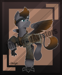 Size: 2500x3000 | Tagged: safe, artist:starlight, oc, oc:ragnar, hippogriff, fallout equestria, clothes, commission, concerned, doctor, eye mirror, griffon wings, lab coat, leg lifted, leg raise, male, obtrusive watermark, simple background, talons, travelling, two toned mane, two toned tail, two toned wings, two-tone coat, watermark, wings