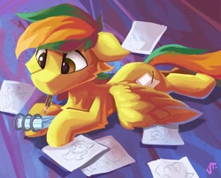 Size: 1280x1036 | Tagged: safe, artist:saxopi, oc, pegasus, pony, mouth hold, paper, pencil, solo