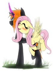 Size: 1200x1600 | Tagged: safe, artist:didun850, fluttershy, oc, oc:le quill de von, pegasus, pony, unicorn, blushing, canon x oc, curved horn, eye clipping through hair, eyes closed, female, flying, horn, male, mare, smiling, stallion