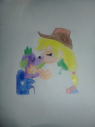 Size: 2448x3264 | Tagged: safe, applejack, spike, dog, human, equestria girls, applespike, female, kissing, male, shipping, spike the dog, straight, traditional art