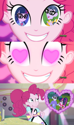 Size: 1280x2160 | Tagged: safe, artist:themexicanpunisher, microchips, pinkie pie, sci-twi, twilight sparkle, coinky-dink world, eqg summertime shorts, equestria girls, equestria girls series, the road less scheduled, the road less scheduled: microchips, spoiler:choose your own ending (season 2), spoiler:eqg series (season 2), female, geode of telekinesis, heart eyes, magical geodes, male, mc dex fx, meme, microlight, pinkie the shipper, pinkie's eyes, shipping, straight, wingding eyes