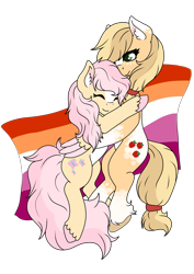 Size: 1414x2000 | Tagged: safe, artist:pastel-pony-princess, applejack, fluttershy, earth pony, pegasus, pony, alternate design, alternate style, appleshy, coat markings, cuddling, duo, female, freckles, lesbian, lesbian pride flag, mare, pride, pride flag, pride month, shipping, smiling, unshorn fetlocks