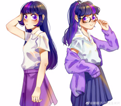 Size: 4006x3508 | Tagged: safe, artist:royal, sci-twi, twilight sparkle, equestria girls, chinese, clothes, cute, duo, female, glasses, human coloration, looking at you, pleated skirt, ponytail, shirt, simple background, skirt, white background