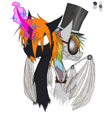 Size: 1200x1400 | Tagged: safe, artist:didun850, oc, oc only, oc:clockwork crow, oc:le quill de von, pegasus, pony, unicorn, amputee, artificial wings, augmented, bust, curved horn, glowing horn, grin, hat, heterochromia, horn, male, pegasus oc, prosthetic limb, prosthetic wing, prosthetics, sharp teeth, simple background, smiling, stallion, teeth, top hat, transparent background, unicorn oc, wings