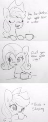 Size: 819x2048 | Tagged: safe, artist:tjpones, applejack, fluttershy, earth pony, pegasus, pony, apple, applesauce, comic, cup, cute, descriptive noise, drinking, duo, jackabetes, monochrome, pencil drawing, silly, silly pony, teacup, teapot, that pony sure does love apples, traditional art, who's a silly pony