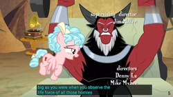 Size: 1920x1080 | Tagged: safe, edit, edited screencap, screencap, cozy glow, lord tirek, centaur, pegasus, pony, frenemies (episode), armpits, barbell, bench press, caption, exercise, female, filly, homie, meme, weight lifting, youtube caption