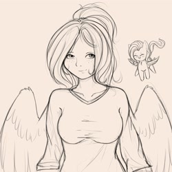 Size: 4000x4000 | Tagged: safe, artist:miokomata, fluttershy, human, pegasus, pony, chibi, female, freckles, humanized, mare, monochrome, self ponidox, simple background, sketch, white background, winged humanization, wings