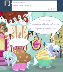 Size: 750x856 | Tagged: safe, artist:marikaefer, cloudchaser, flitter, pony, ask flitter and cloudchaser, cupcake costume, embarrassed, sugarcube corner