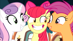 Size: 1374x774 | Tagged: safe, screencap, apple bloom, scootaloo, sweetie belle, earth pony, pegasus, pony, unicorn, growing up is hard to do, bow, cropped, cutie mark crusaders, excited, female, friendship express, hair bow, looking at each other, mare, older, older apple bloom, older cmc, older scootaloo, older sweetie belle, smiling, teeth, trio