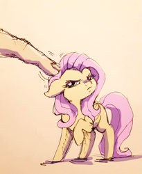 Size: 1073x1309 | Tagged: safe, artist:buttersprinkle, fluttershy, human, pegasus, pony, angry, annoyed, colored sketch, cute, female, floppy ears, fluttershy is not amused, grumpy, hand, madorable, mare, petting, raised hoof, smol, tiny, tiny ponies, traditional art, unamused