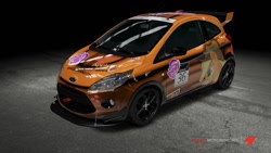 Size: 1024x576 | Tagged: safe, part of a set, applejack, earth pony, pony, car, cowboy hat, female, ford, ford ka, forza motorsport 4, game screencap, hat, itasha, mare, my little pony logo, video game