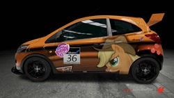 Size: 1024x576 | Tagged: safe, part of a set, applejack, earth pony, pony, car, cowboy hat, cutie mark, female, ford, ford ka, forza motorsport 4, game screencap, hat, itasha, mare, my little pony logo, race, video game