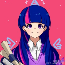 Size: 1024x1024 | Tagged: safe, artist:滿天星小面包, twilight sparkle, human, female, humanized, looking at you, scroll, smiling, solo