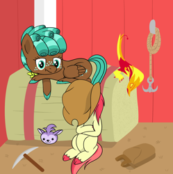 Size: 1280x1284 | Tagged: safe, artist:dinkyuniverse, bloofy, liberty belle, spur, earth pony, pegasus, phoenix, pony, whirling mungtooth, backpack, barn, cowboy hat, female, filly, foal, grappling hook, hat, hay bale, pickaxe, relaxed, relaxing, resting, unshorn fetlocks