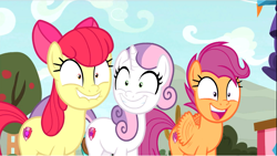 Size: 1374x775 | Tagged: safe, screencap, apple bloom, scootaloo, sweetie belle, earth pony, pegasus, pony, unicorn, growing up is hard to do, adorabloom, bow, cropped, cute, cutealoo, cutie mark, cutie mark crusaders, diasweetes, excited, female, hair bow, lip bite, mare, older, older apple bloom, older cmc, older scootaloo, older sweetie belle, open mouth, shrunken pupils, smiling, teeth, the cmc's cutie marks, trio, wide eyes