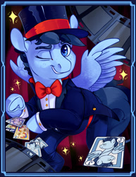 Size: 3400x4400 | Tagged: safe, artist:cuttledreams, oc, oc:silver span, pony, card, clothes, hat, solo, top hat, tuxedo