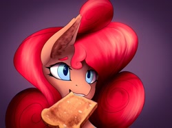 Size: 2048x1534 | Tagged: safe, artist:toastzebra, oc, oc:cinnarose, pegasus, pony, bread, bust, food, gradient background, purple background, simple background, solo, toast