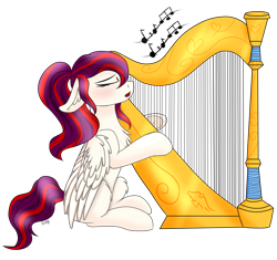 Size: 1182x1110 | Tagged: safe, artist:monsoonvisionz, oc, oc only, oc:heriel, pegasus, pony, commission, eyes closed, female, floppy ears, harp, mare, music notes, musical instrument, open mouth, simple background, solo, transparent background