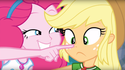 Size: 1675x930 | Tagged: safe, screencap, applejack, pinkie pie, better together, do it for the ponygram!, equestria girls, boop, close-up, duo, duo female, female, geode of sugar bombs, magic cupcake touch, magical geodes