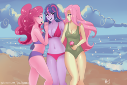 Size: 3000x2000 | Tagged: safe, artist:xjenn9, fluttershy, pinkie pie, twilight sparkle, equestria girls, absolute cleavage, beach, belly button, bikini, breasts, cleavage, clothes, female, food, headlight sparkle, hootershy, ice cream, ocean, one-piece swimsuit, pinkie pies, smiling, swimsuit