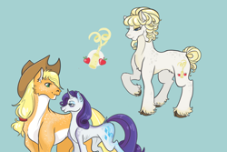 Size: 1200x800 | Tagged: safe, artist:lunarpalette, applejack, rarity, oc, oc:cindyapple curls, earth pony, pony, unicorn, female, lesbian, magical lesbian spawn, mare, offspring, parent:applejack, parent:rarity, parents:rarijack, rarijack, shipping, simple background