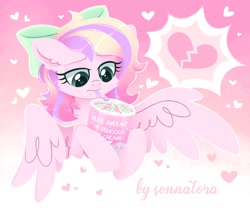 Size: 1202x1000 | Tagged: safe, artist:sonnatora, oc, oc only, oc:iridescent flings, pegasus, pony, bow, food, heart, ice cream, pegasus oc, simple background, solo, spoon, ych result