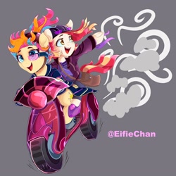 Size: 3000x3000 | Tagged: safe, artist:katakiuchi4u, oc, earth pony, pegasus, pony, unicorn, babscon, clothes, duo, scooter