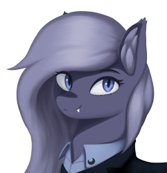 Size: 2025x2100 | Tagged: safe, artist:mrscroup, oc, oc only, oc:selenite, bat pony, pony, equestria at war mod, bat pony oc, business suit, bust, clothes, fangs, female, mare, portrait, shirt, simple background, solo, transparent background