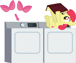 Size: 1271x1060 | Tagged: safe, anonymous artist, artist:gurugrendo, artist:porygon2z, edit, editor:slayerbvc, apple bloom, earth pony, pony, accessory-less edit, adorabloom, apple bloom's bow, book, bow, cute, cutie mark, dryer, female, filly, hair bow, laundry, missing accessory, on back, reading, silly, silly pony, simple background, solo, the cmc's cutie marks, transparent background, underhoof, vector, vector edit, washing machine