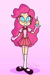 Size: 676x1024 | Tagged: safe, artist:cess_maga, pinkie pie, human, cupcake, female, food, humanized, pink background, simple background, solo, teeth