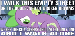 Size: 639x310 | Tagged: safe, edit, edited screencap, editor:undeadponysoldier, screencap, spike, dragon, equestria games (episode), boulevard of broken dreams, caption, depressing, green day, image macro, impact font, male, sad, slumped, solo, song reference, text