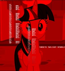 Size: 546x600 | Tagged: safe, twilight sparkle, twilight sparkle (alicorn), alicorn, assembly language, skynet, terminator, time travel