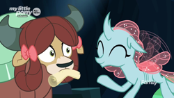 Size: 1920x1080 | Tagged: safe, screencap, ocellus, yona, changedling, changeling, yak, uprooted, bow, discovery family logo, duo, female, hair bow, motion lines, mouth hold, scroll