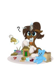 Size: 1024x1366 | Tagged: safe, artist:zsnowfilez, oc, oc:chocolate forstheart, pony, unicorn, female, filly, glue, magic, mouth hold, scissors, simple background, solo, teddy bear, transparent background