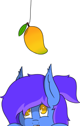 Size: 4454x7016 | Tagged: safe, artist:skylarpalette, oc, oc only, oc:skylar night, bat pony, pony, bat pony oc, dangling, food, full color, happy, heart, heart eyes, looking up, love, mango, simple background, teasing, transparent background, wingding eyes