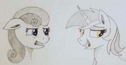 Size: 1241x644 | Tagged: safe, artist:polar_storm, bon bon, lyra heartstrings, sweetie drops, earth pony, pony, unicorn, concerned, duo, duo female, female, mare, mischievous, sketch, traditional art