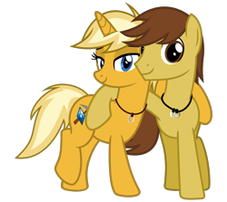 Size: 1400x1250 | Tagged: safe, artist:mythchaser1, oc, oc only, oc:jewel, oc:myth chaser, earth pony, pony, unicorn, 2020 community collab, derpibooru community collaboration, female, hoof around neck, husband and wife, jewelry, looking at you, male, mare, necklace, ring, simple background, stallion, transparent background