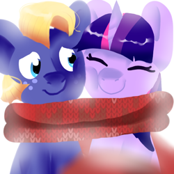 Size: 512x512 | Tagged: safe, artist:alaiamax, star tracker, twilight sparkle, pony, cheek squish, cheek to cheek, clothes, cute, eyes closed, female, male, mare, scarf, shared clothing, shared scarf, shipping, smiling, squishy cheeks, stallion, straight, trackerbetes, twitracker