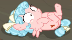 Size: 520x291 | Tagged: safe, screencap, cozy glow, pegasus, pony, frenemies (episode), cozybetes, cropped, cute, female, filly, foal, on back, solo, surprised