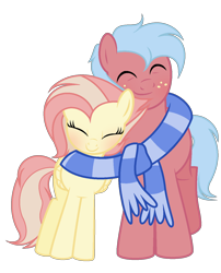 Size: 1024x1268 | Tagged: safe, artist:theapplebeauty, oc, oc:firefly shy, oc:pure macintosh, base used, clothes, crack ship offspring, cute, eyes closed, female, male, mare, oc x oc, offspring, parent:big macintosh, parent:fire streak, parent:fluttershy, parent:trixie, parents:flutterstreak, parents:trixmac, scarf, shared clothing, shared scarf, shipping, simple background, stallion, transparent background