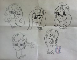 Size: 1024x798 | Tagged: safe, artist:pure-blue-heart, oc, oc only, oc:apple berry, oc:jasper (ice1517), oc:shadow shine, oc:white lilly, earth pony, pegasus, pony, unicorn, bust, ear piercing, earring, eyebrow piercing, female, glasses, icey-verse, jewelry, magical lesbian spawn, male, mare, mouth hold, next generation, nose piercing, offspring, paper, parent:applejack, parent:lightning dust, parent:limestone pie, parent:starlight glimmer, parent:strawberry sunrise, parent:sunset shimmer, parents:applerise, parents:limedust, parents:shimmerglimmer, piercing, pride, pride flag, siblings, sisters, sketch, stallion, trans boy, transgender, transgender pride flag
