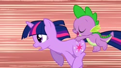 Size: 1280x720 | Tagged: safe, screencap, spike, twilight sparkle, dragon, pony, unicorn, the ticket master, butt touch, eyes closed, female, hand on butt, male, mare