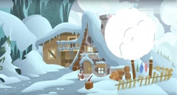 Size: 1680x898 | Tagged: safe, screencap, cozy glow, earth pony, pegasus, pony, frenemies (episode), avalanche, duo, female, fence, filly, foal, house, male, mount everhoof, rusty bucket, snow, snowball, stallion