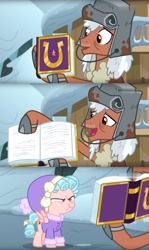 Size: 1664x2792 | Tagged: safe, edited screencap, screencap, cozy glow, pegasus, pony, frenemies (episode), angry, book, comic, cozy glow is not amused, cozybetes, cute, duo, exploitable meme, female, filly, foal, friendship journal, hat, helmet, meme, narrowed eyes, rusty bucket, rusty bucket journal meme, screencap comic, scrunchy face, winter outfit