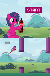 Size: 530x804 | Tagged: safe, artist:red-watercolor, oc, oc:fizzy pop, pony, unicorn, coca-cola, coke bottle, downloadable, female, flappy bird, game, mare, solo