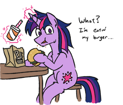 Size: 848x723 | Tagged: safe, artist:jargon scott, part of a set, dusk shine, twilight sparkle, pony, unicorn, ..., burger, comic, dialogue, food, hamburger, implied spike, implied transgender transformation, impossible burger, magic, male, newspaper, offscreen character, rule 63, simple background, stallion, telekinesis, twilight burgkle, white background