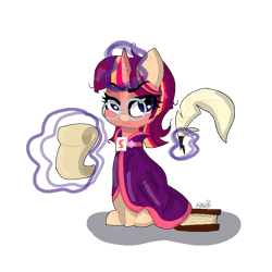 Size: 768x768 | Tagged: safe, artist:awoomarblesoda, oc, oc:tarot spell, pony, unicorn, female, glasses, mare, offspring, parent:sunburst, parent:twilight sparkle, parents:twiburst, pixel art, quill, scroll, simple background, solo, transparent background